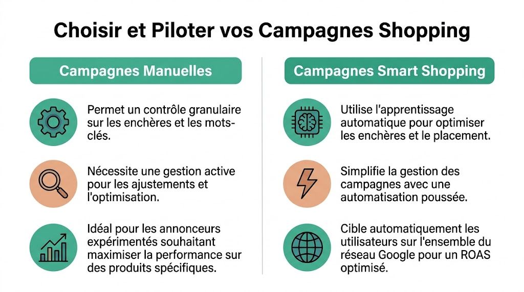 Comparatif entre les campagnes Google Shopping manuelles et les campagnes Smart Shopping pour optimiser votre stratégie publicitaire.