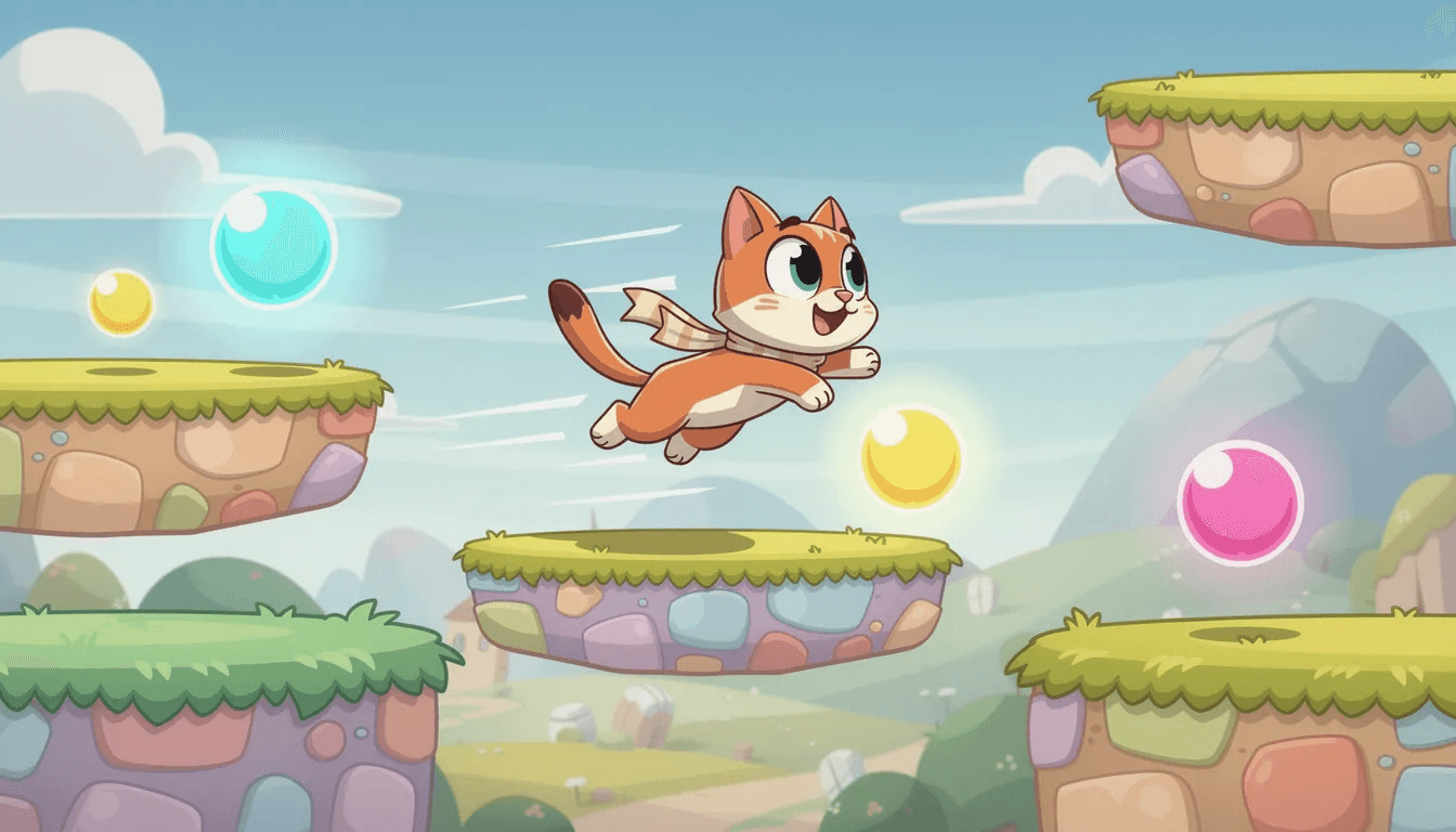 A vibrant 2D platformer scene features a cartoon cat character energetically jumping between colorful platforms while collecting floating orbs, embodying the fun and creativity of game development and vibe coding. The playful atmosphere invites exploration and showcases the exciting elements of game logic and programming.