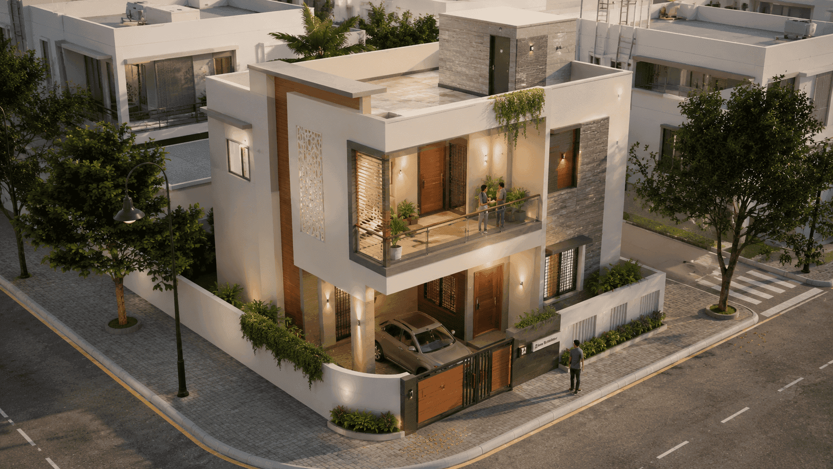 Modern luxury house with infinity pool at sunset, featuring sleek architecture and serene reflections in warm hues.