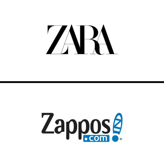 ZARA logo, Zappos.com logo