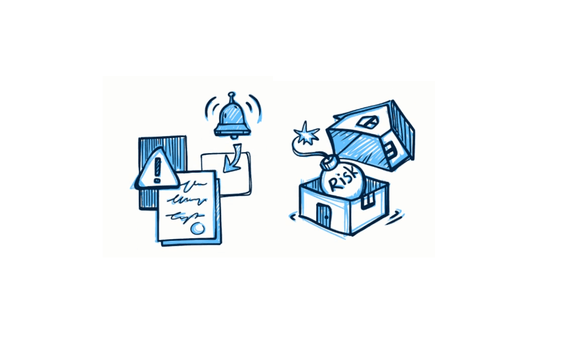Illustration showing permit alerts and inspection documents revealing hidden construction risk inside a building