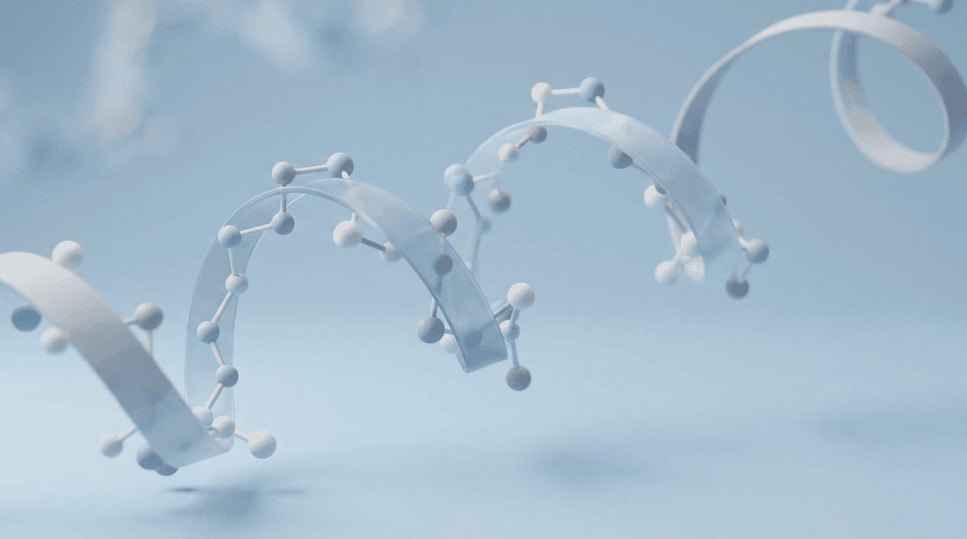 Illustration of the BPC-157 peptide molecular structure shown as a folded amino acid chain on a light background