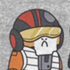 A cartoon character in an orange and white space suit with a helmet, looking slightly unhappy against a gray background.