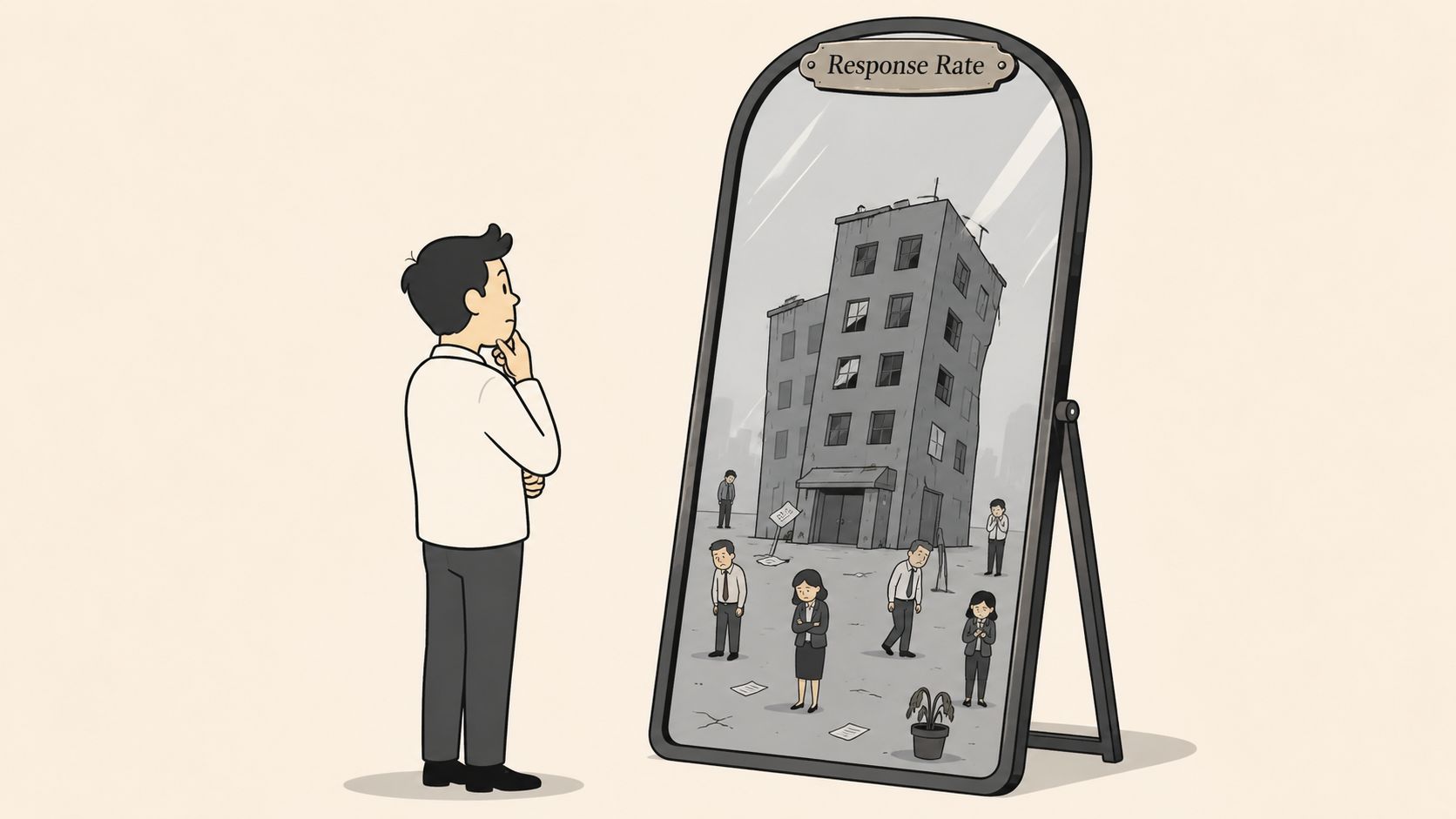 A businessman observes a mirror showing a dilapidated building and sad, unengaged people labeled as Response Rate.