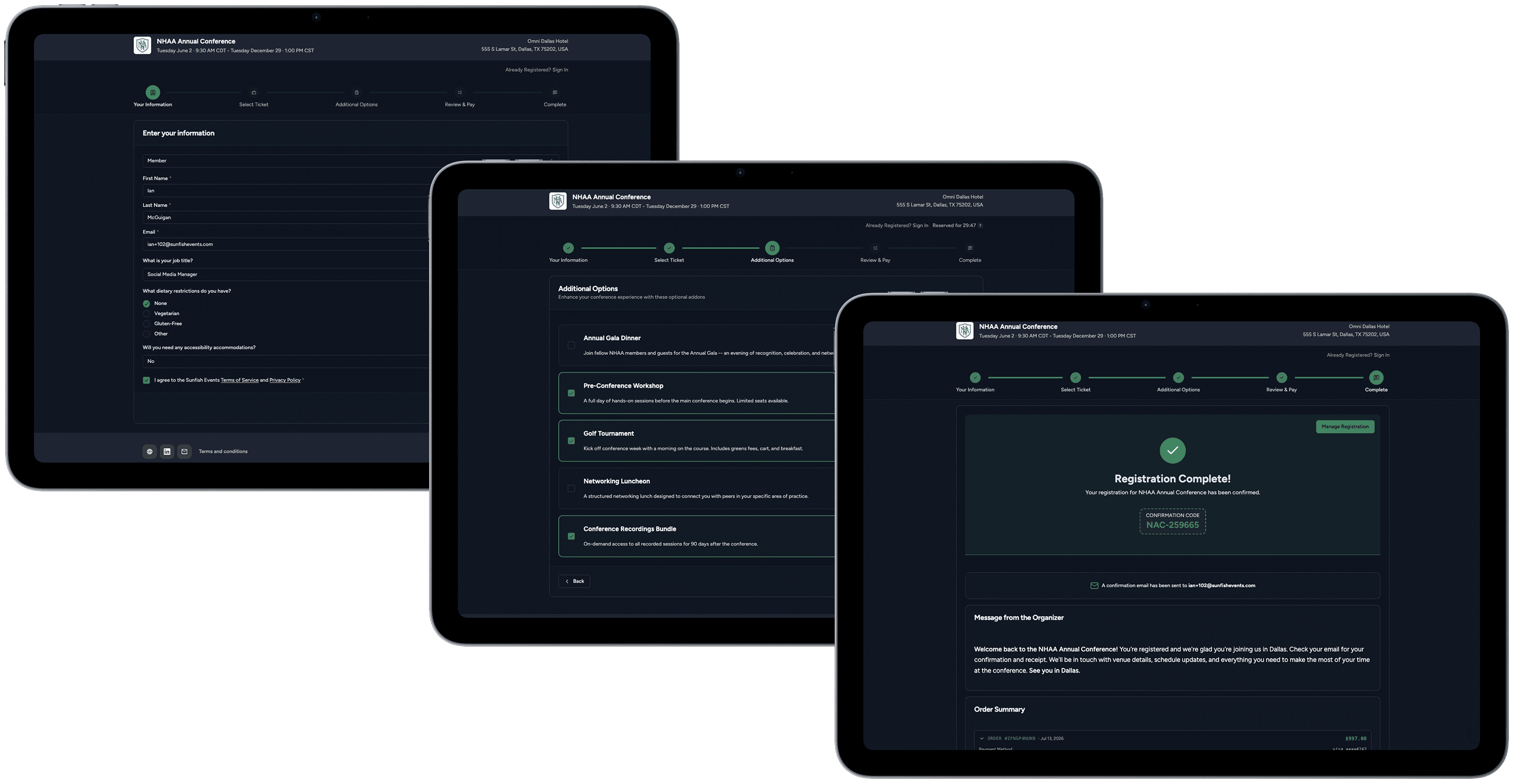 Sunfish Events registration flow showing the sign-up form, add-on selection, and confirmation screen