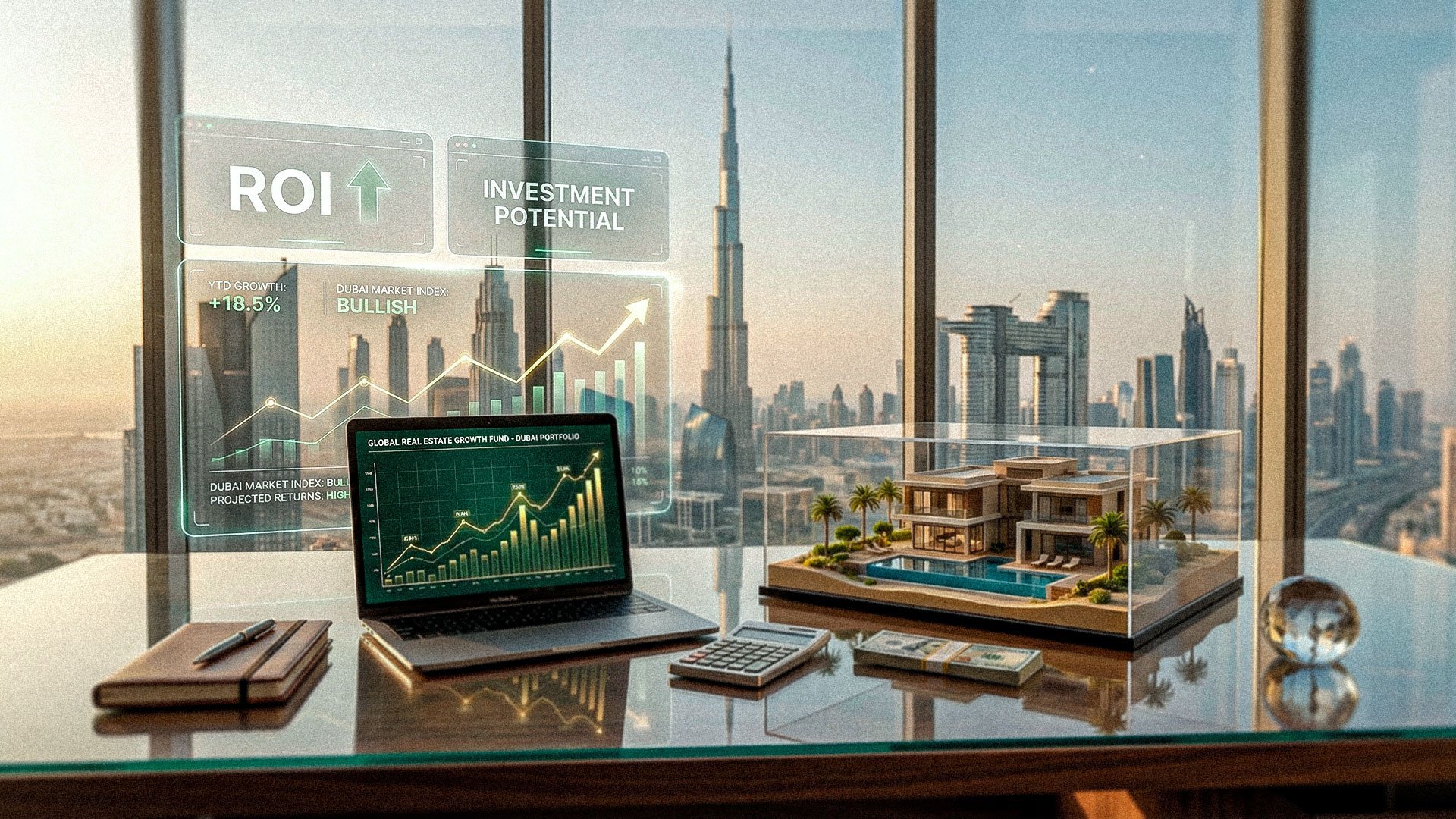 Análisis de inversión inmobiliaria en Dubái con gráficos de rentabilidad (ROI), modelo de vivienda de lujo y skyline de la ciudad con el Burj Khalifa al fondo.