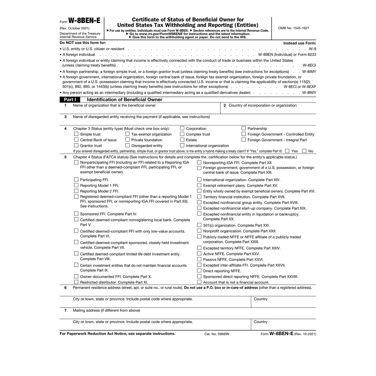 IRS Form W-8BEN-E, Certificate of Status of Beneficial Owner for United States Tax Withholding and Reporting (Entities), page 1