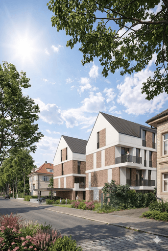 Moderne Architektur des Neubauprojekts Bahnhofstraße 31 in Remshalden-Grunbach. Hochwertige Fassade mit weißem Putz und Klinkersteinen im KfW-55-Standard bei Tageslicht in der Vorderansicht von der Hauptstraße aus an einem hellen, sonnigen Sommertag.