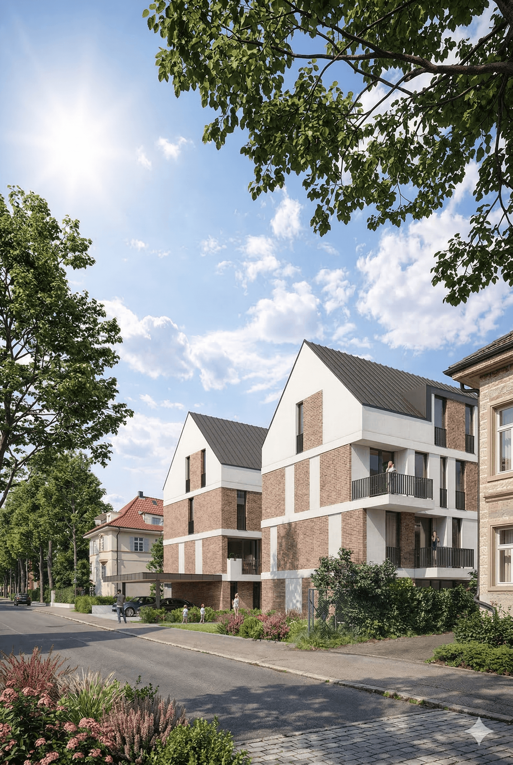 Moderne Architektur des Neubauprojekts Bahnhofstraße 31 in Remshalden-Grunbach. Hochwertige Fassade mit weißem Putz und Klinkersteinen im KfW-55-Standard bei Tageslicht in der Vorderansicht von der Hauptstraße aus an einem hellen, sonnigen Sommertag.