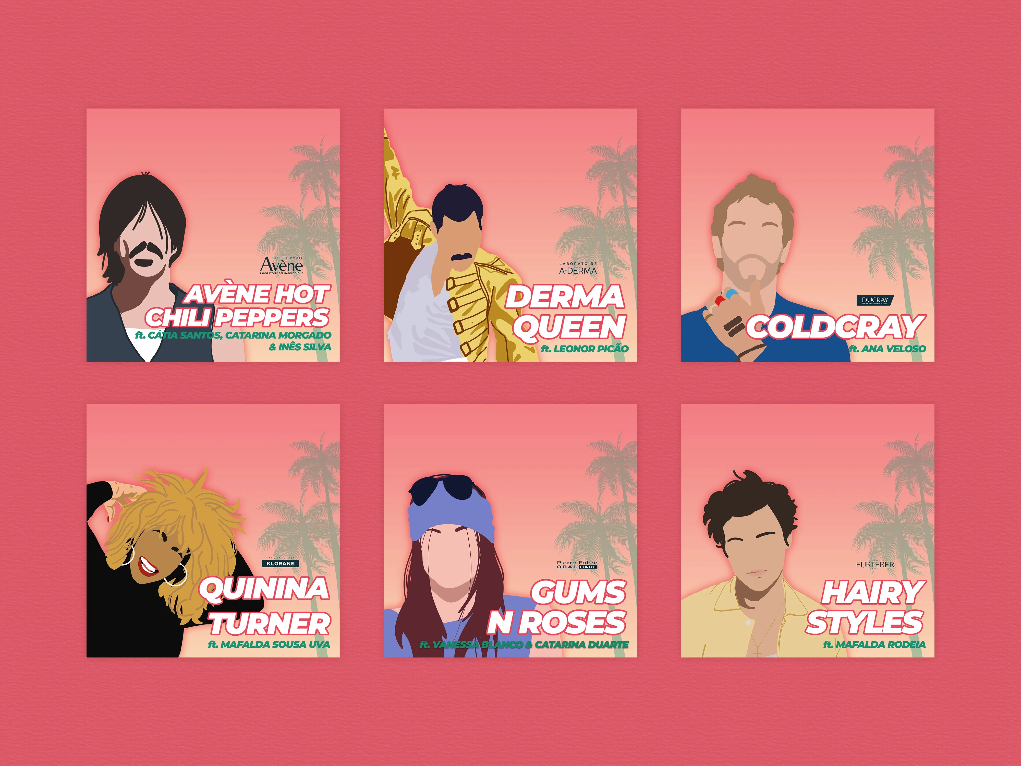 Illustrated posters for Pierre Fabre corporate event featuring summer festival themed event branding and custom illustrations.