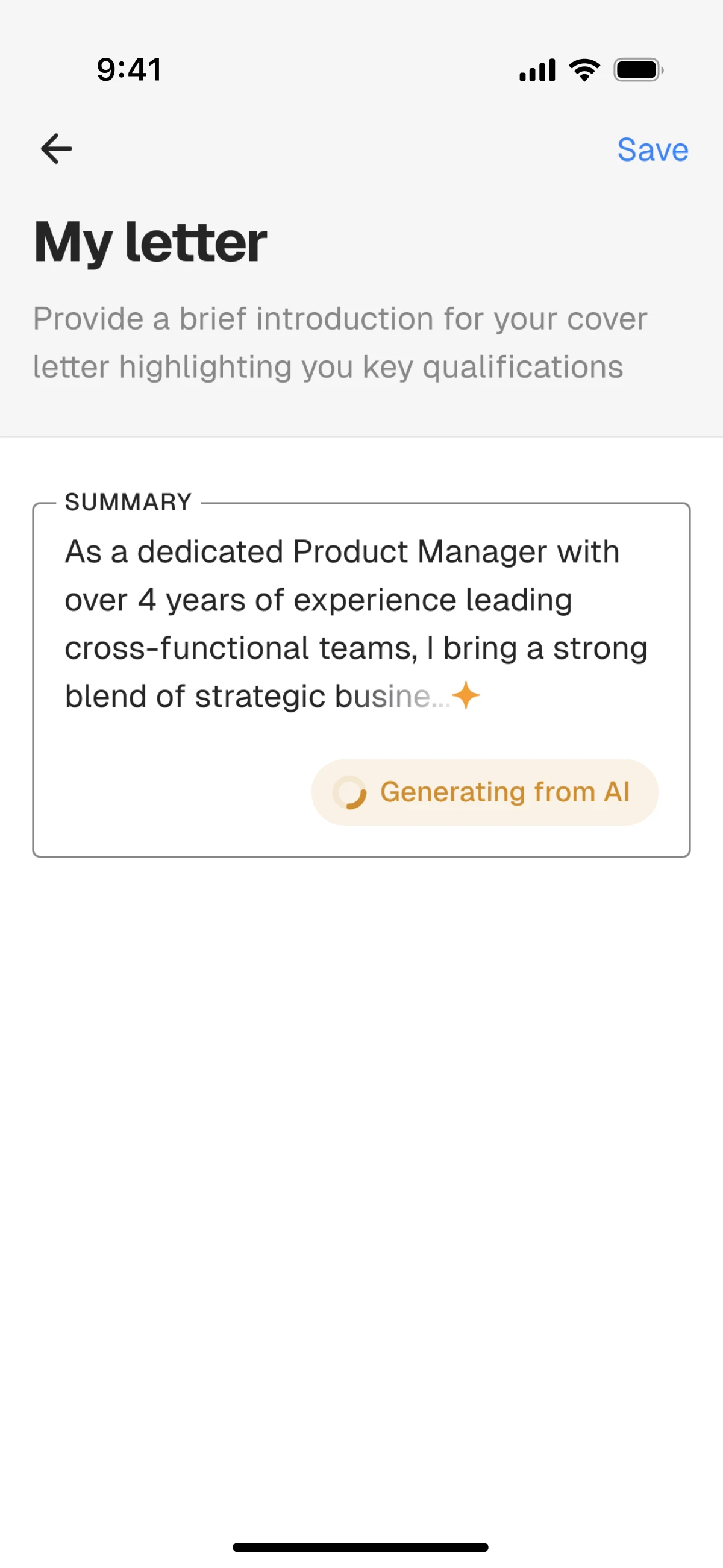 Screenshot of ResumeIT AI generating personalized cover letter summary