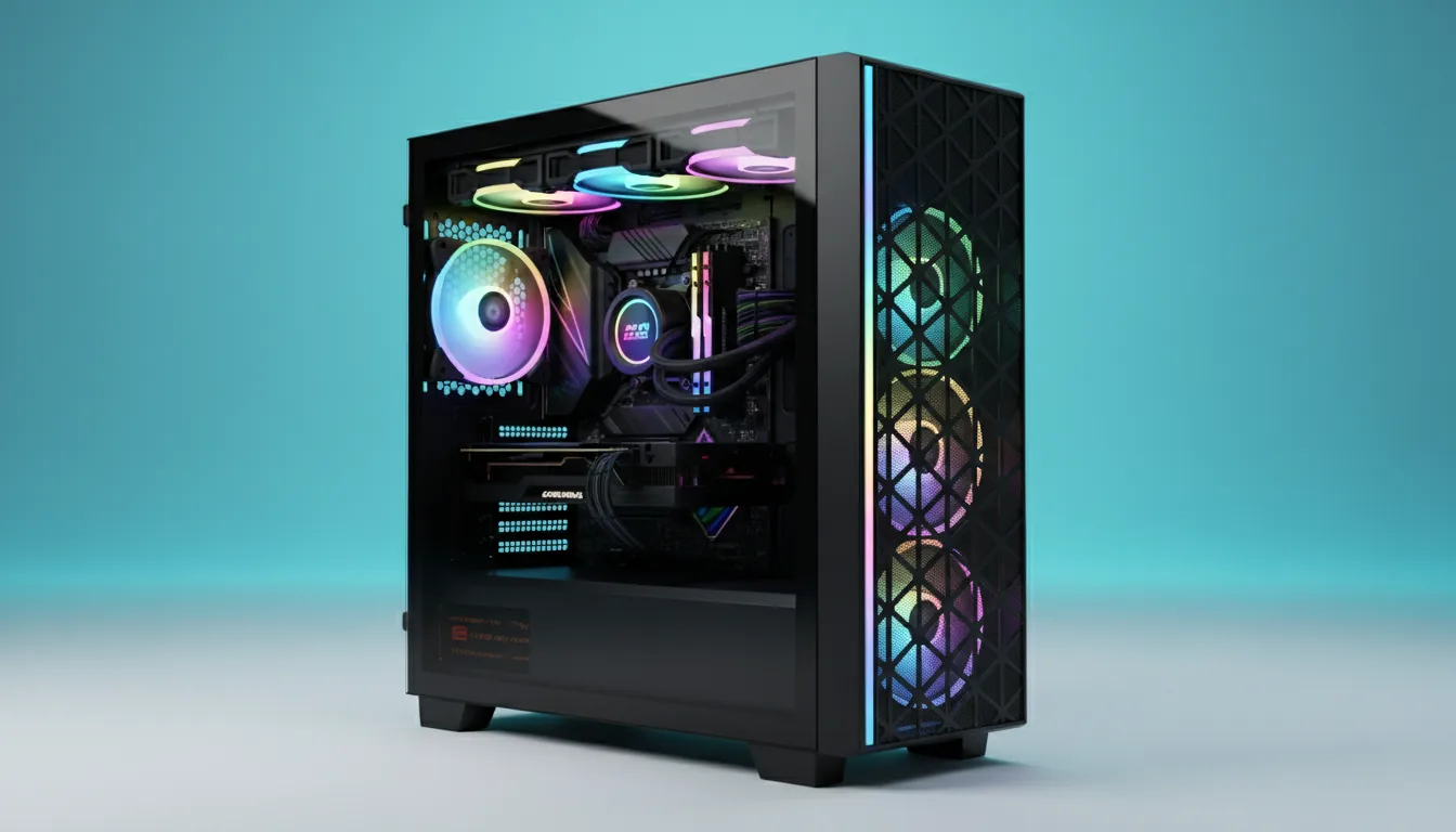 DSLR product photography of a modern, high-performance prebuilt PC tower, three-quarter view. The black case features a tempered glass side panel and a geometric mesh front panel. Interior components are illuminated by vibrant, multi-color RGB case fans and a vertical RGB light strip on the front bezel. The PC is set against a clean, bright cyan-to-white gradient studio backdrop, captured with soft studio lighting and sharp focus.