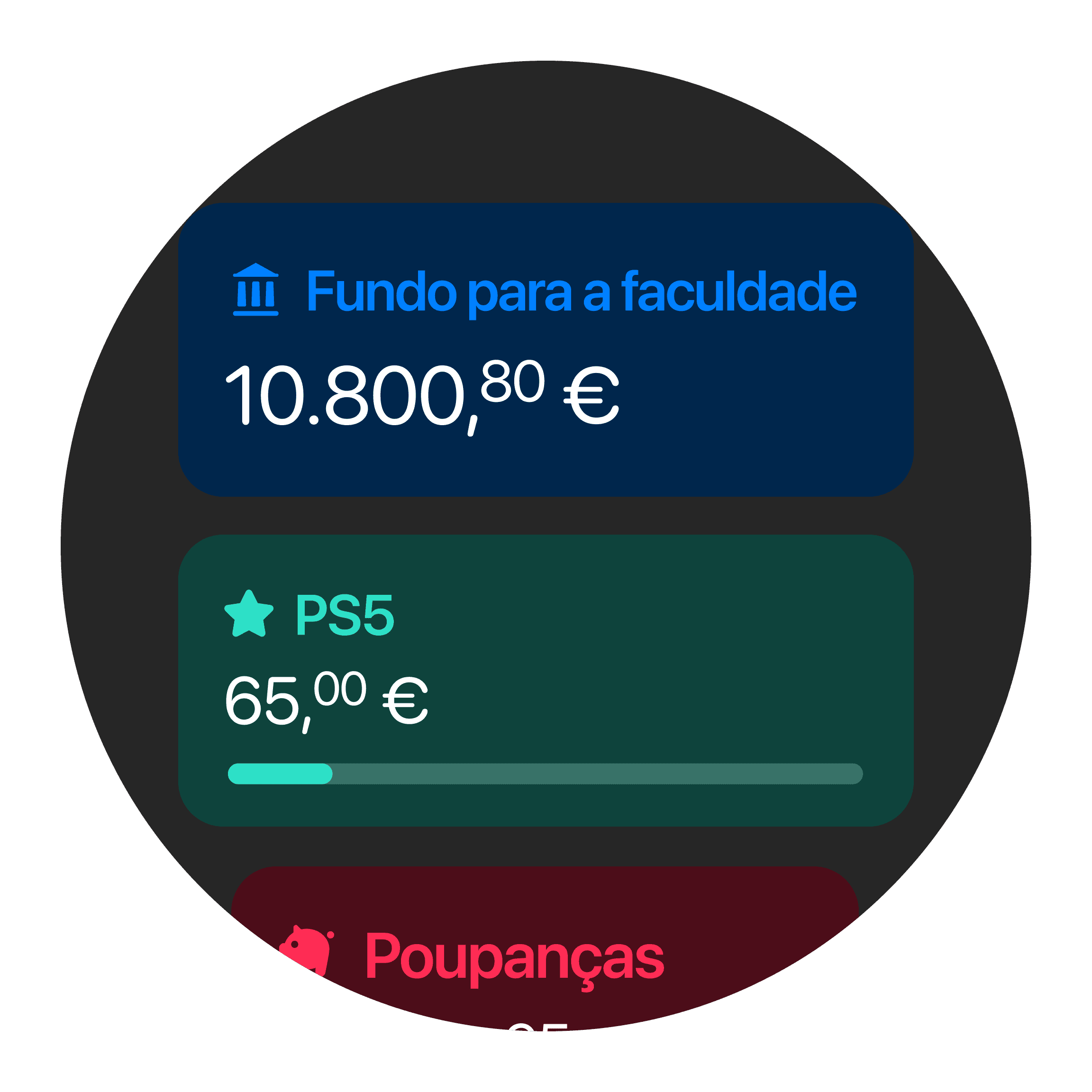 Organiza contas de criança com etiquetas para diferentes objetivos de poupança.