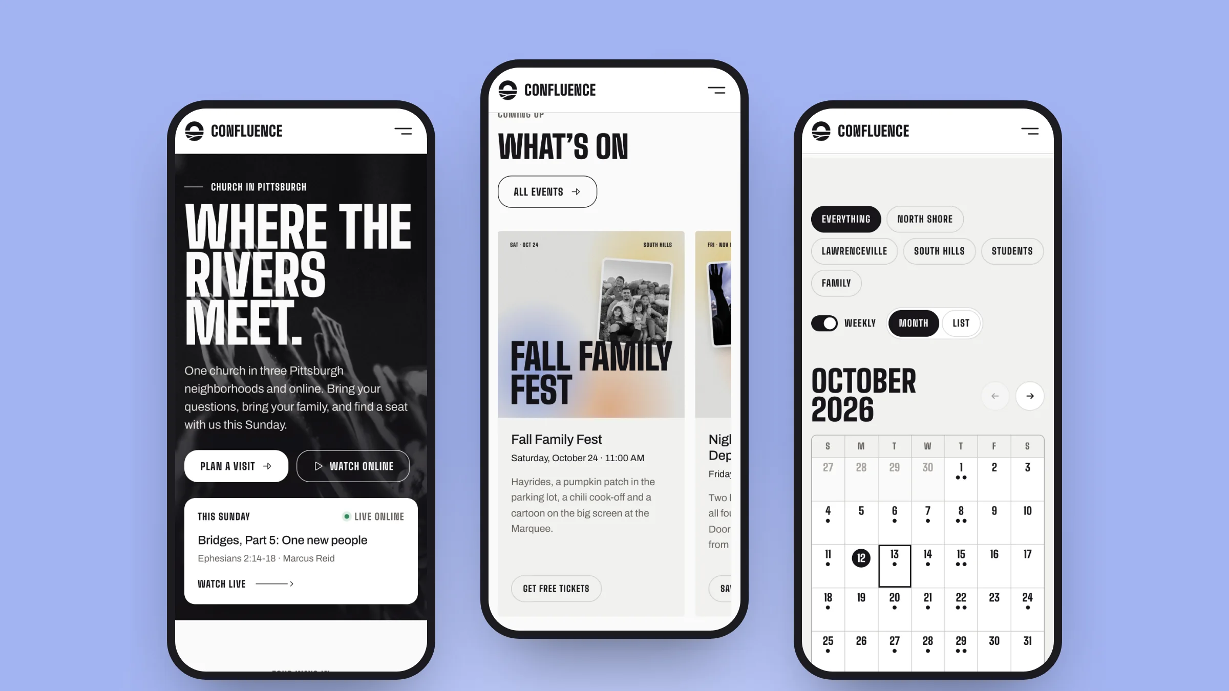 Confluence Church template on three phones: home, events and calendar