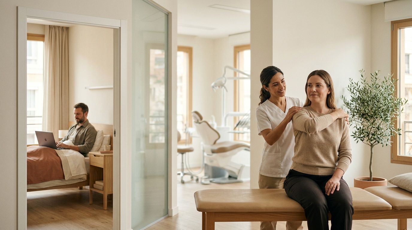 Doctora ayuda a paciente con ejercicio de hombro en clínica moderna, mientras un hombre trabaja en laptop en cama.