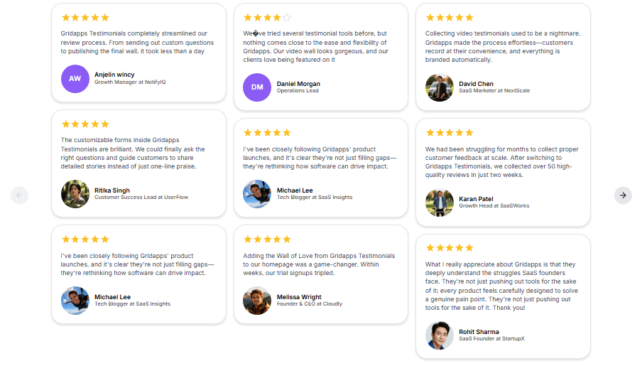 Social proof grid | Gridapps Testimonials