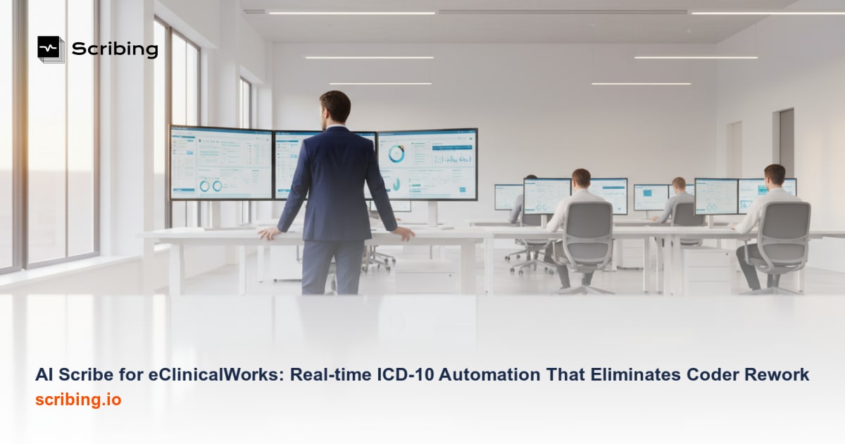 Corporate illustration representing AI scribe technology integrated with Epic EHR clinical documentation workflow