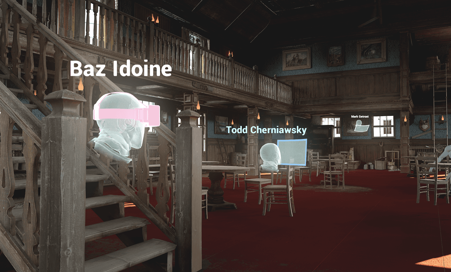 Baz Idoine and Todd Cherniawsky in VR, reviewing the saloon set, live during ASC workshop.
