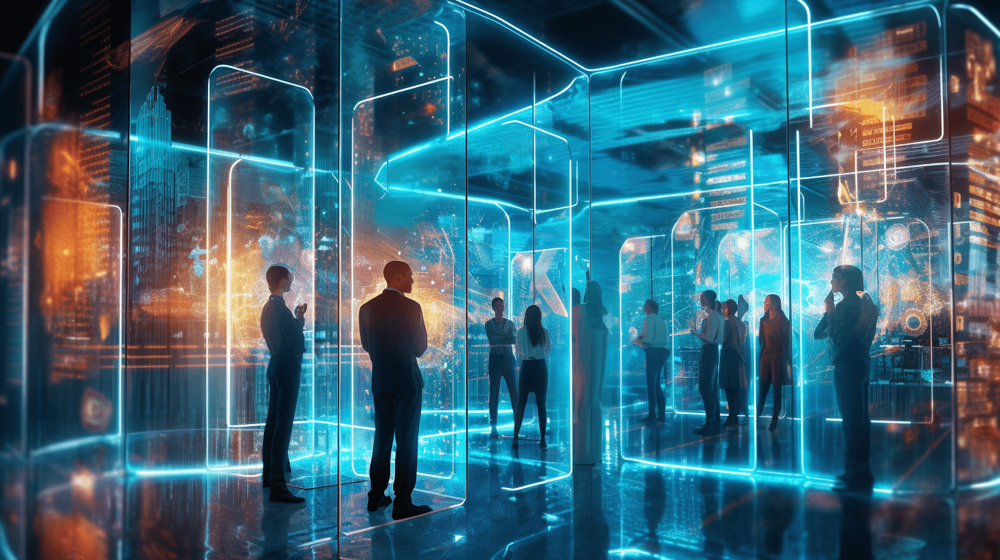 Futuristic cabins with people in business attire viewing interactive data visualizations at night.