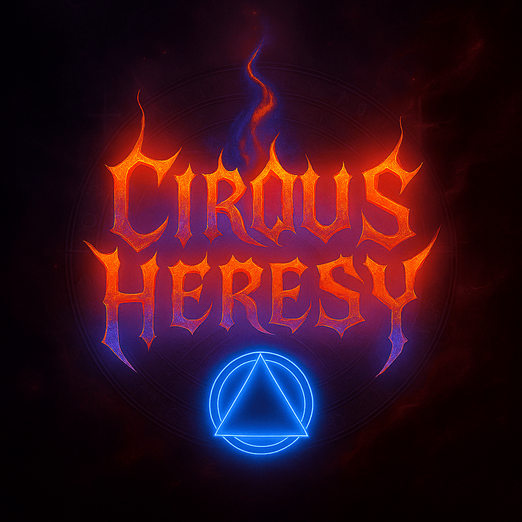 NFT of the Inquisitor Seal from Cirqus Heresy — a glowing blue sigil beneath fiery red ‘Cirqus Heresy’ lettering, symbolizing the Order’s elite researchers who uncover hidden truths and decode the structure of reality.