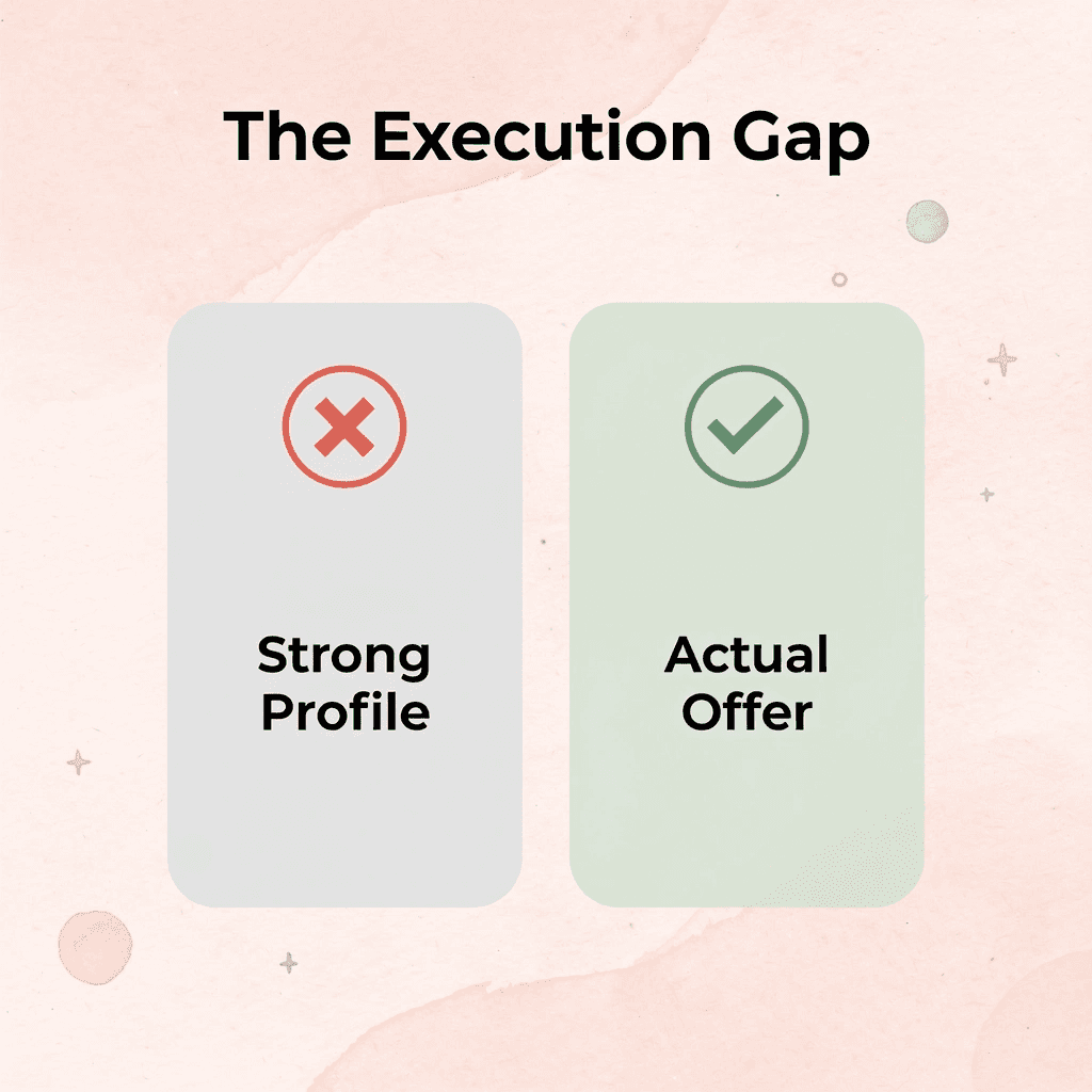 Before and after infographic showing the gap between having a strong profile and receiving an actual admissions offer