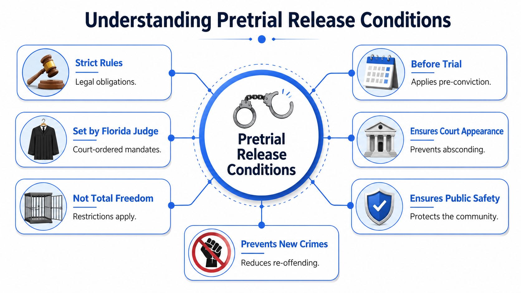 An infographic titled Understanding Pretrial Release Conditions explaining legal mandates, judicial oversight, and public safety objectives.
