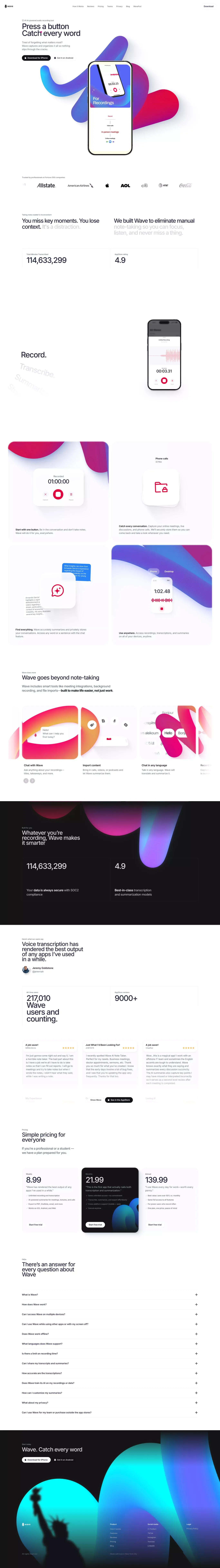Wave - AI Note Taker landing page screenshot showcasing Tech design