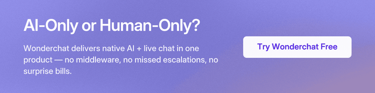 AI-Only or Human-Only? Wonderchat delivers native AI + live chat in one product — no middleware, no missed escalations, no surprise bills.