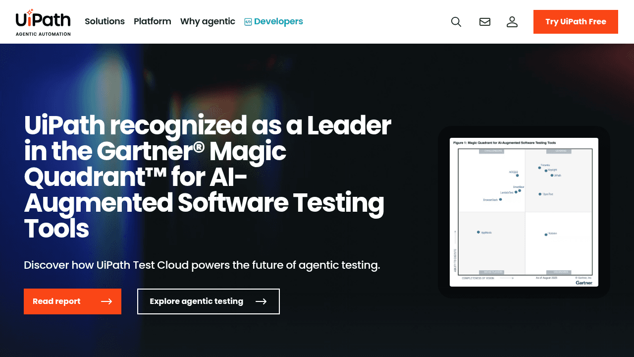 UiPath homepage displaying robotic process automation and document understanding solutions for enterprise workflows