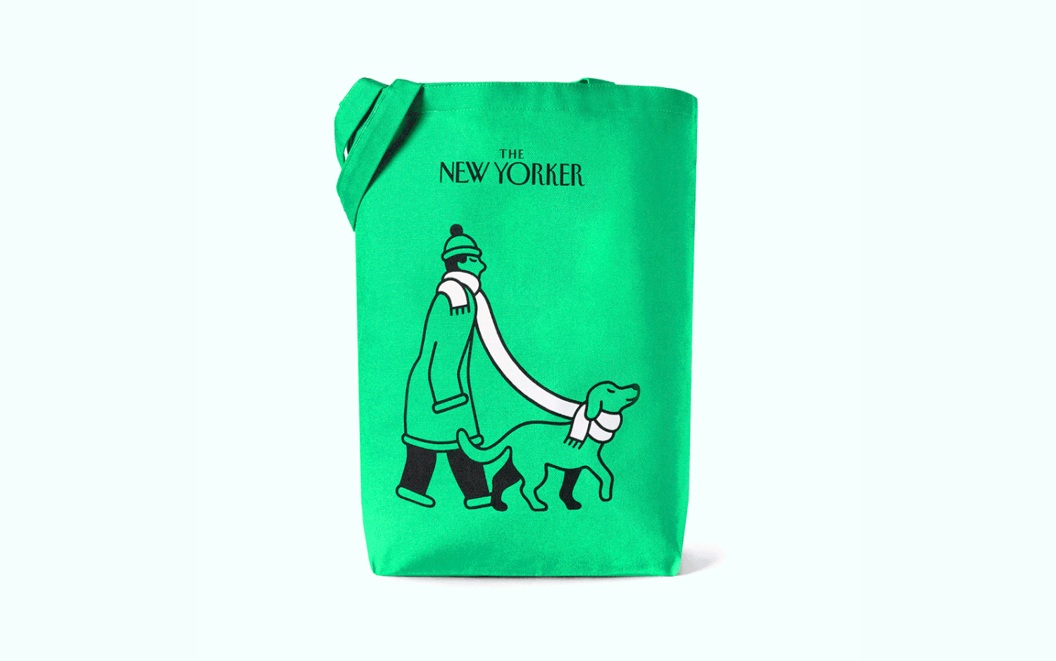 Green limited-edition tote for The New Yorker with Miguel Porlan's illustrations.