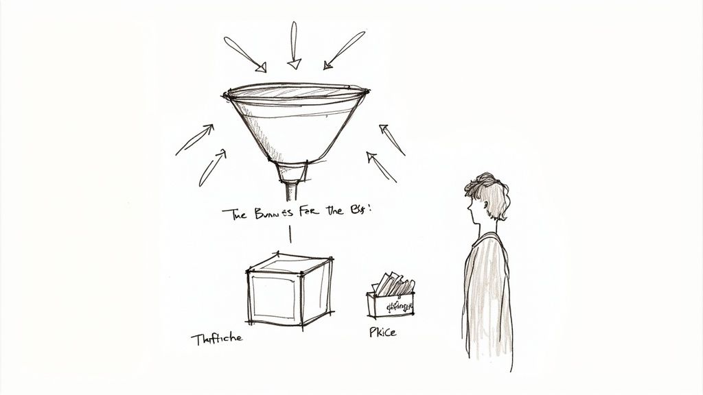 Hand-drawn sketch depicting a funnel with arrows, labeled boxes 'Thattiche' and 'Pkice', and a person's profile.