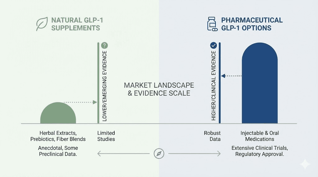 Natural GLP-1 supplement market comparison with pharmaceutical GLP-1 medications evidence levels