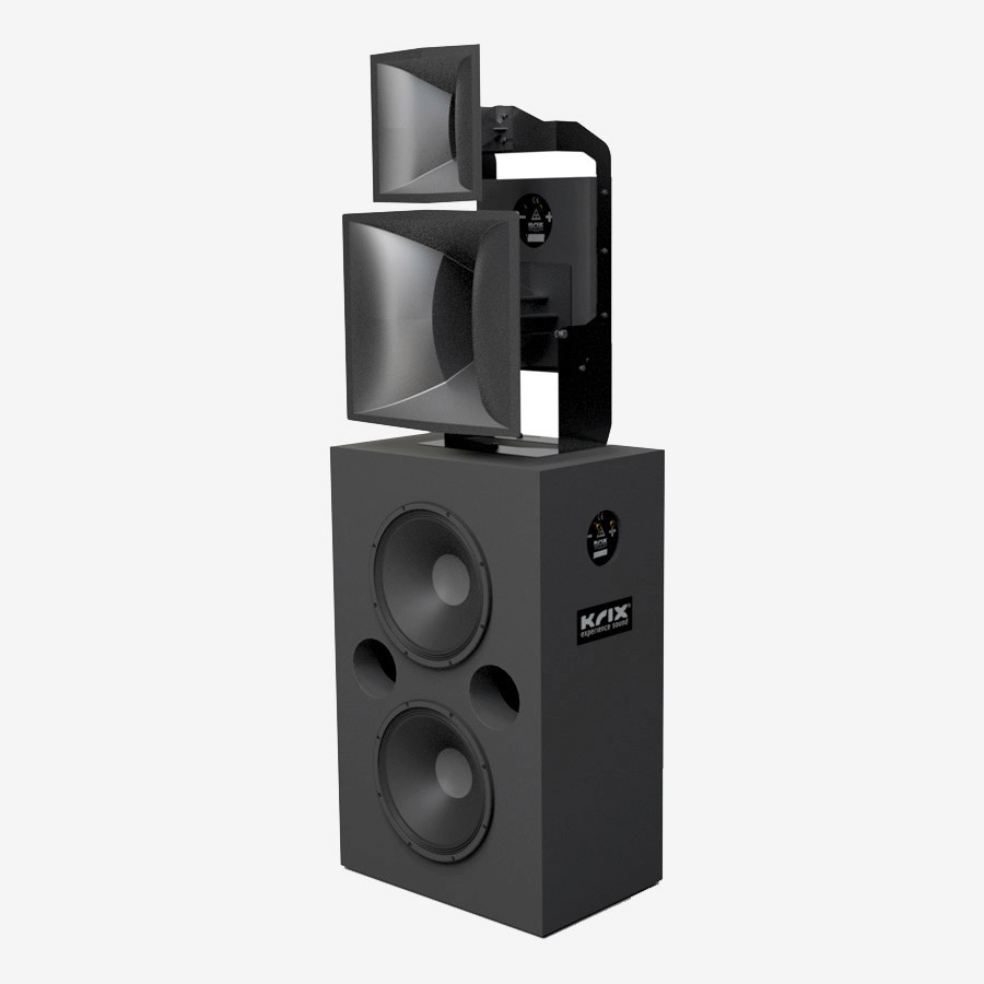 Stack of speakers with two horns on top