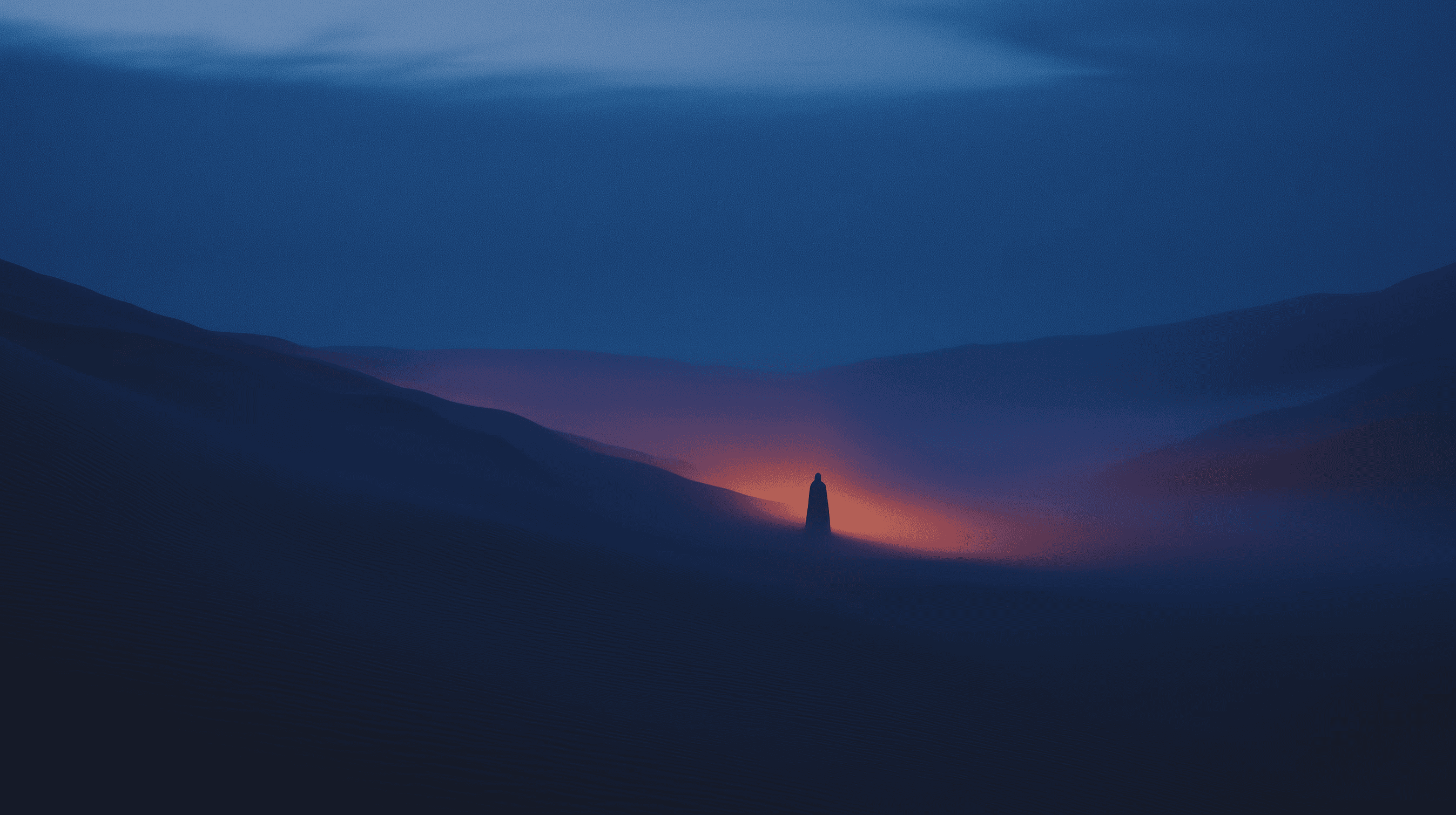 Cinematic desert landscape at dusk with a lone silhouette standing before a warm amber glow, surrounded by dark rolling hills and a deep blue sky.