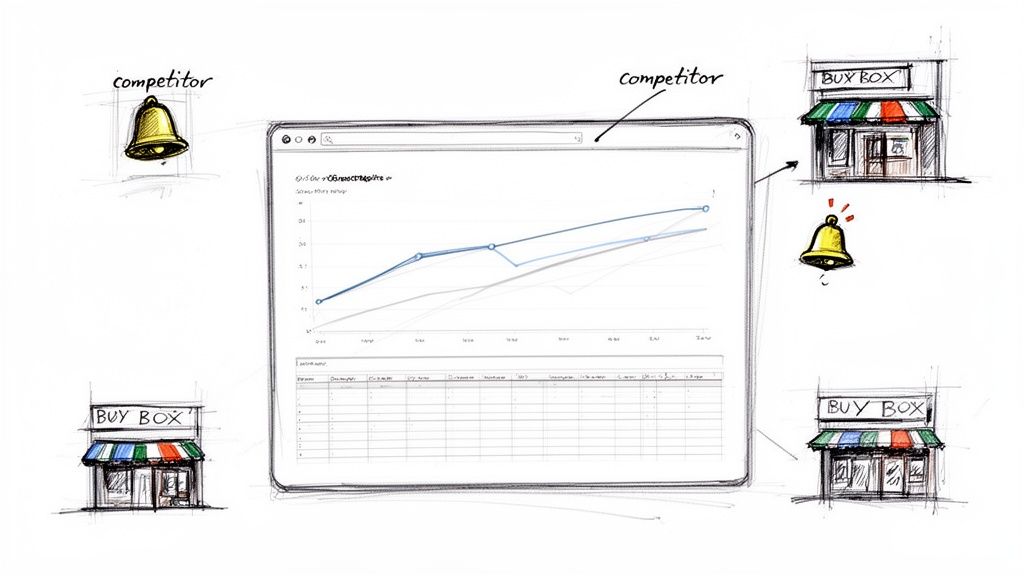 A competitive analysis diagram showing a price tracking chart, competitor bells, and 'BUY BOX' stores.