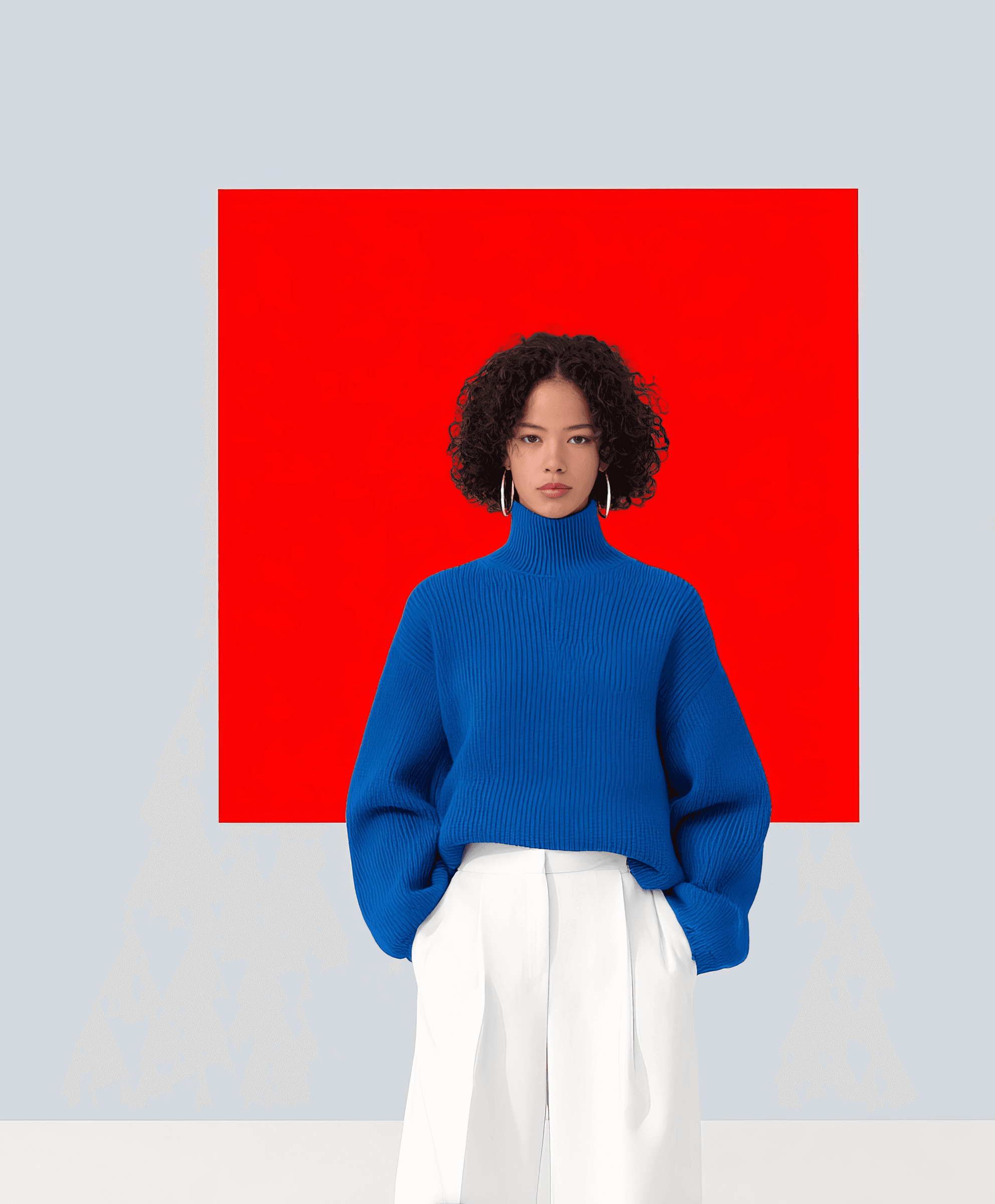 Studio portrait of a woman in a bright blue turtleneck and white trousers standing in front of a bold red square backdrop.