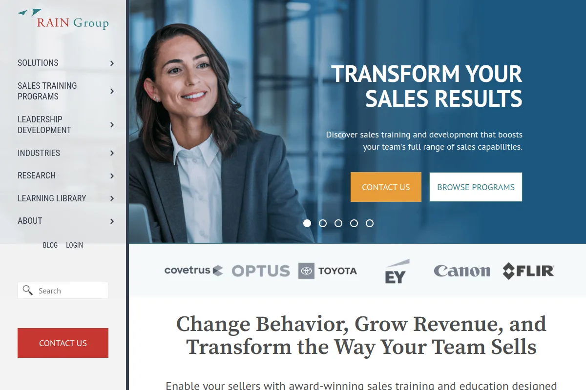 RAIN Group homepage headlined Transform Your Sales Results, with client logos including Optus, Toyota, EY, Canon, and FLIR