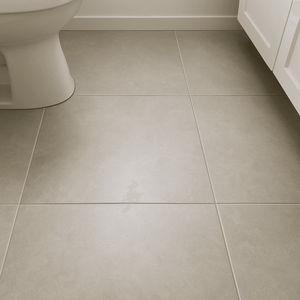 A close-up showing large 24x24 inch porcelain tiles on a small bathroom floor with very thin, color-matched grout lines.