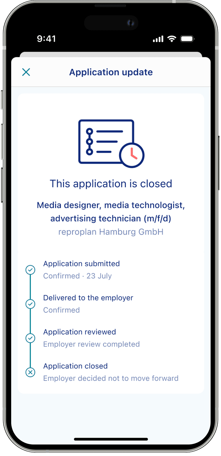 Application tracker concept showing a completed application ending in rejection