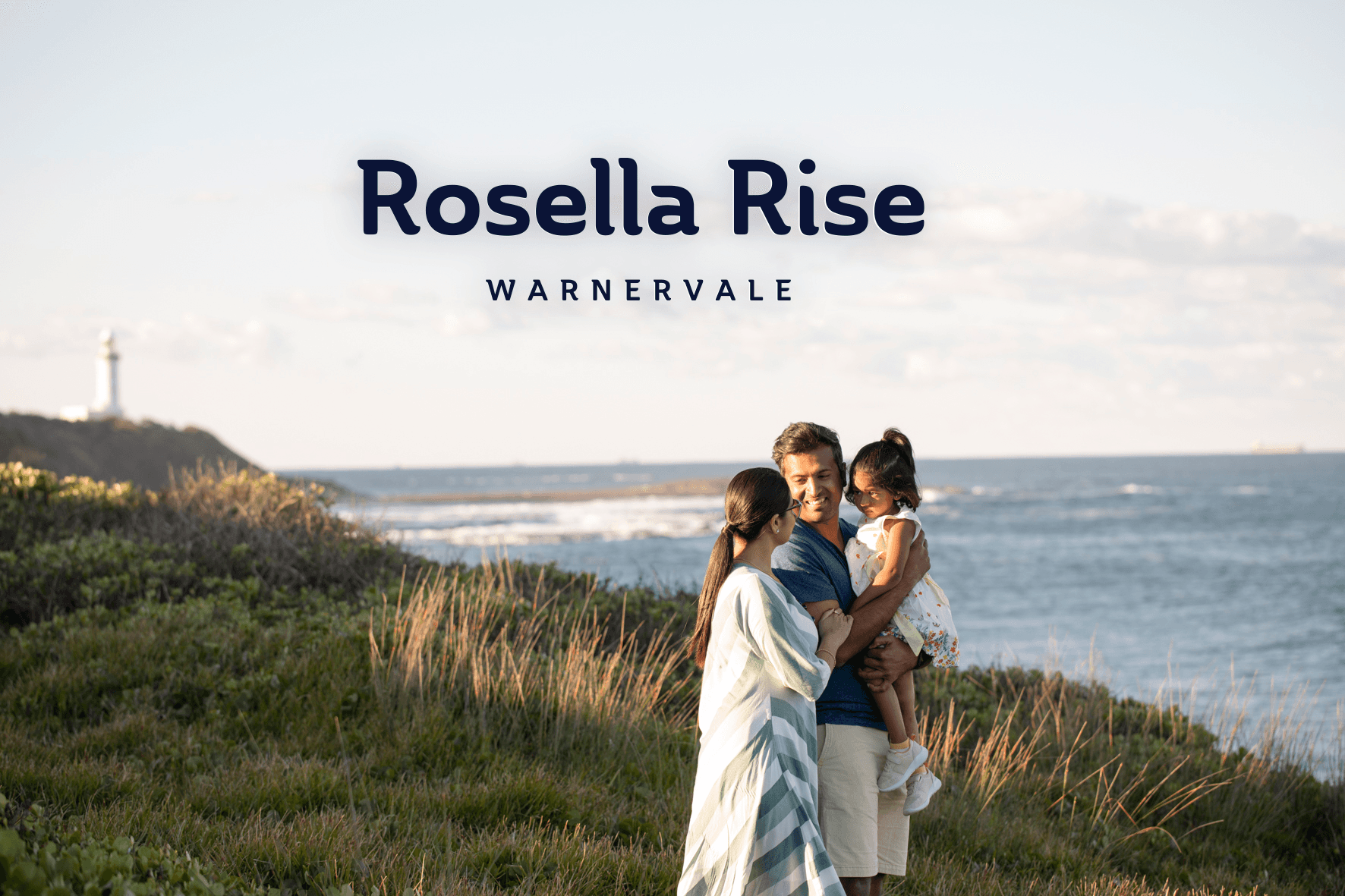 Family on a coastal headland beneath the Rosella Rise, Warnervale brand logo