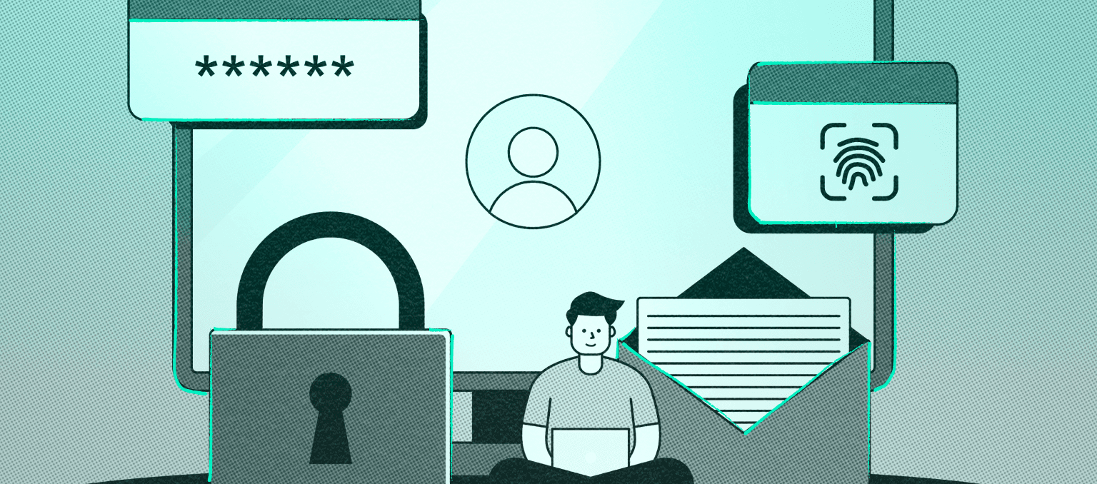 Illustration of email security and verification concepts, featuring a lock icon, password field, fingerprint scan, and an open envelope symbolizing list hygiene and deliverability protection.