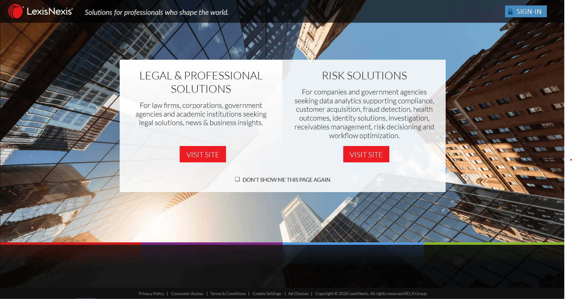 Homepage screenshot of LexisNexis showing two navigation options — Legal & Professional Solutions and Risk Solutions — over a city skyscraper background.