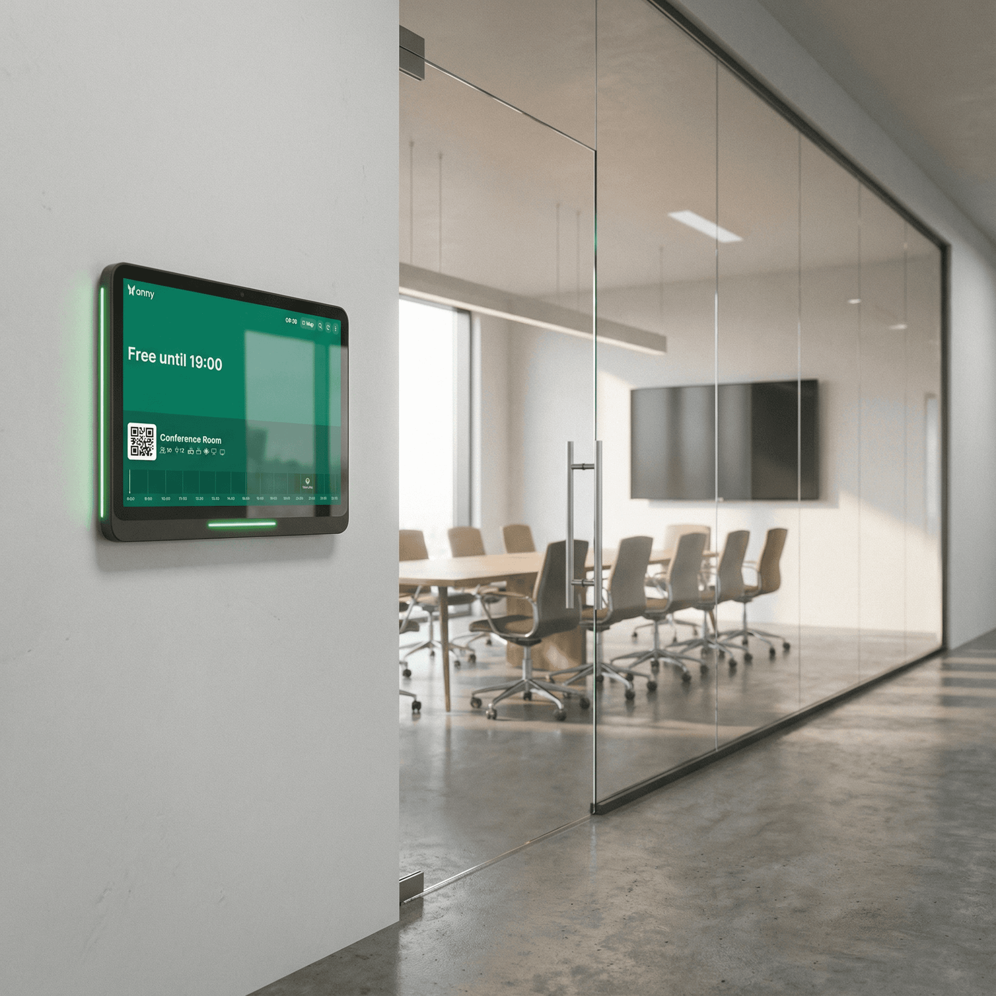 Qbic TD-1070 als Raumdisplay am Meetingraum zeigt Verfügbarkeit im anny Buchungssystem als frei