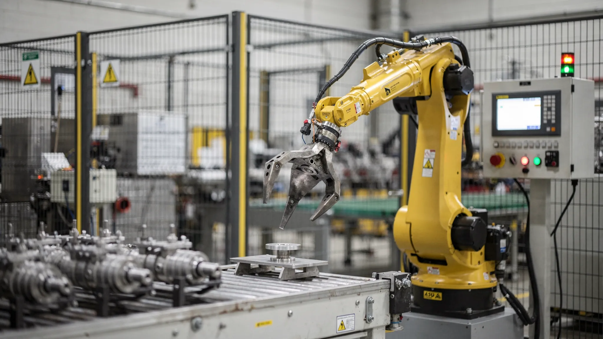 Ipari robotcella gyártósor mellett, a robotkar egy megfogóval alkatrészt vesz fel, a háttérben biztonsági kerítés és kezelőpult látható.