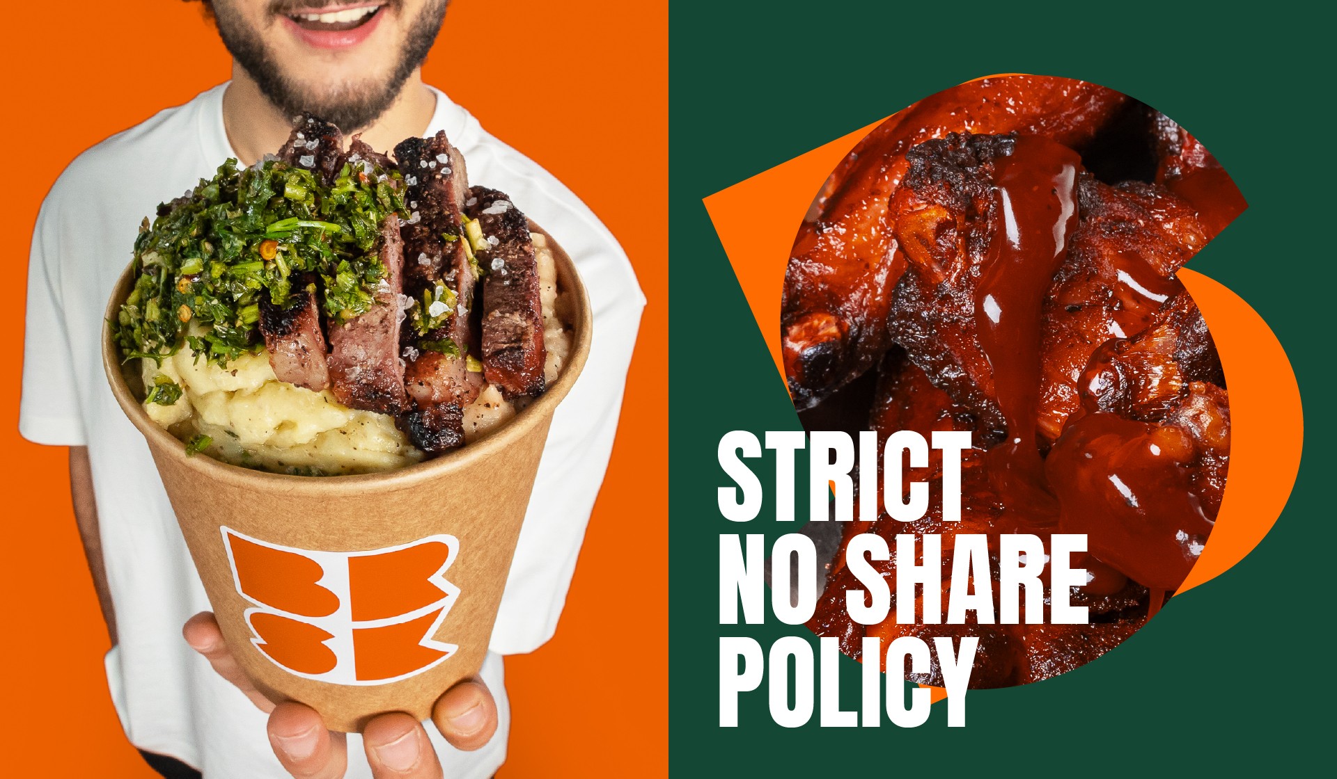 BRSK BY THE PIT, DUBAI, UAE, FASTFOOD CHAIN, BRSK LOGO, GREEN AND ORANGE, STEAK MIXER BOWL WITH HOT WINGS ON THE SIDE