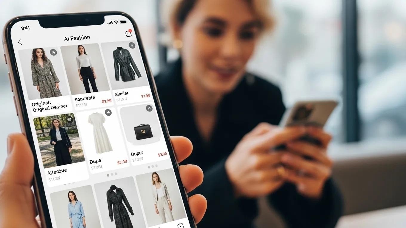 Close-up of a smartphone displaying an AI fashion app with stylish clothing options