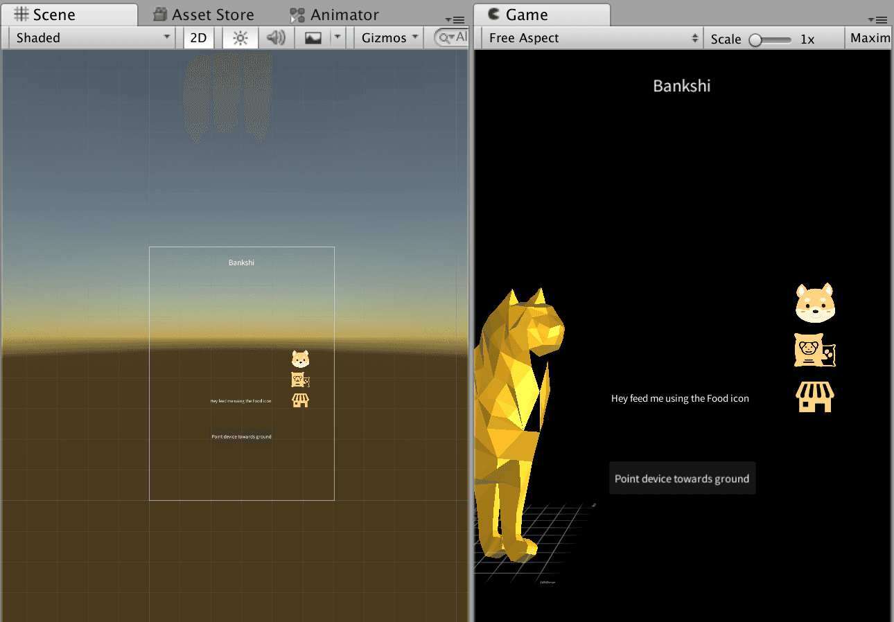 Alternate view of the AR prototype featuring the Shiba Inu positioned in augmented reality space, showcasing real-time user interaction feedback.