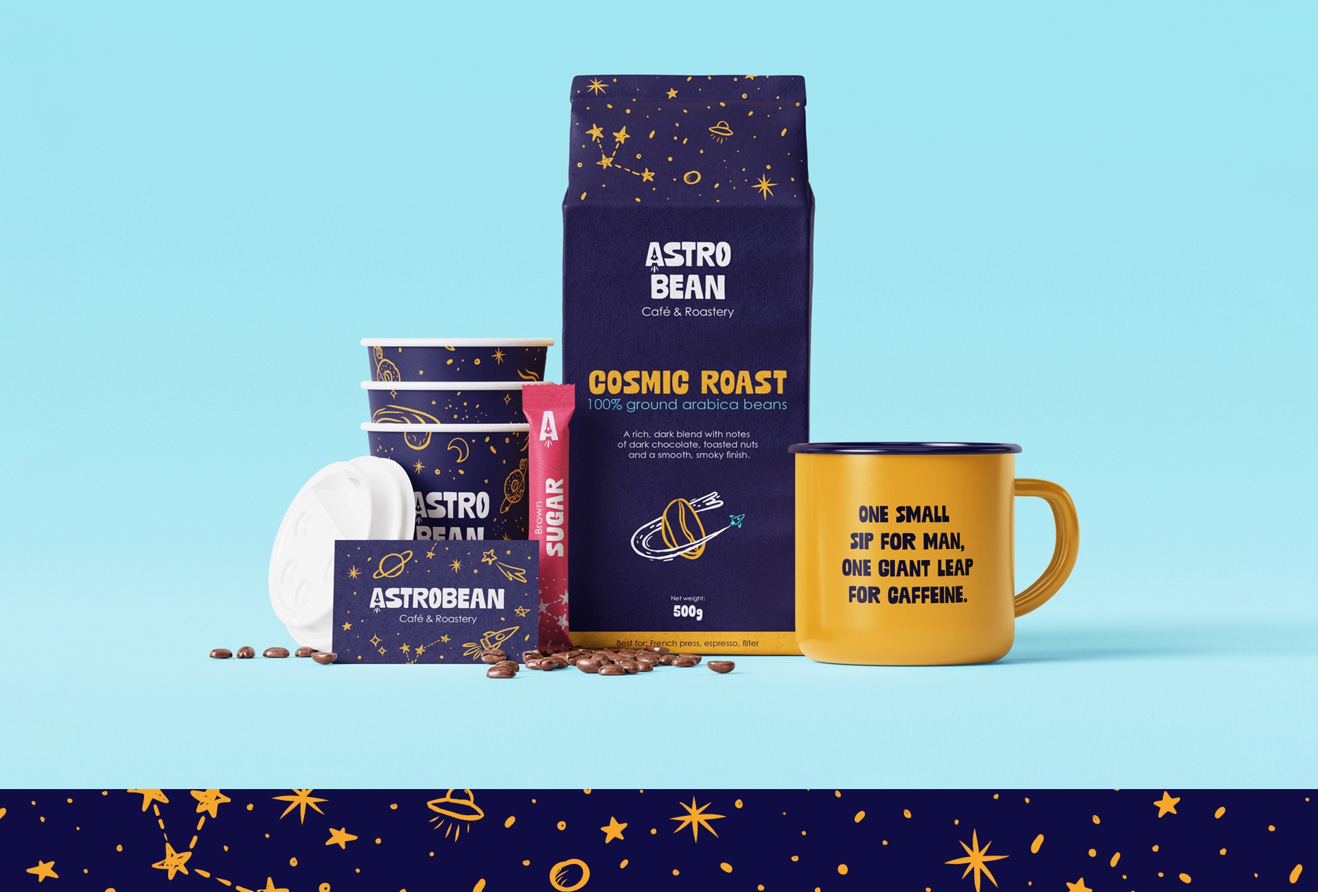 A collection of printed items, such as paper cups, loyalty cards, a bag of coffee beans a mug as merch