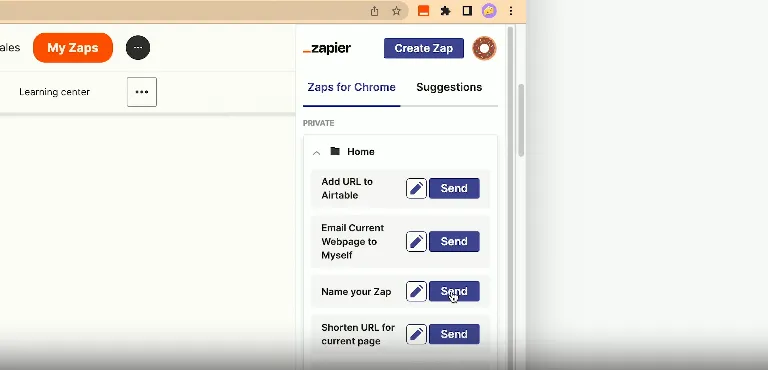 A screenshot showing Zapier's Chrome Extension UI: A side panel with a list of zaps.
