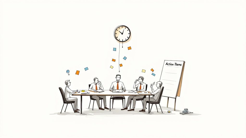 Five men in a business meeting with a clock dropping tasks and an 'Action Items' whiteboard.